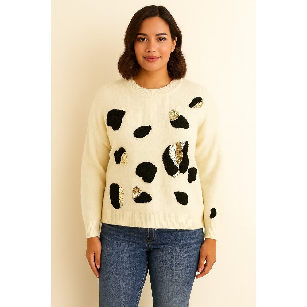 Adora Cream Sweater Sz S | Black & Gold Sequin Accents | Cozy Glam Style